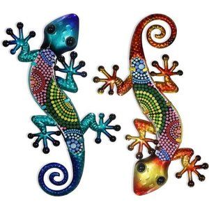 Metal Gecko Wall Art 2 Pack 15 Inch Lizard Decor Hanging Glass Sculpture Decor